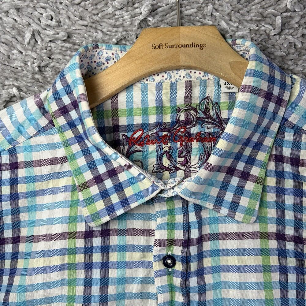 Robert Graham Button Shirt Mens 3XL Short Sleeve Plaid Preppy Designer Party